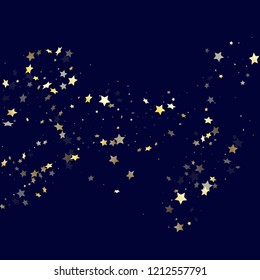 Gold falling star sparkle elements of glitter gradient vector background. Modern confetti gold stars falling glitter gradient sparkles on dark blue. Holiday starburst magical backdrop.