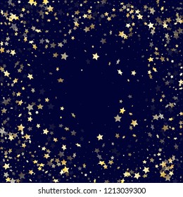 Gold falling star sparkle elements of glitter gradient vector background. Holiday confetti gold stars falling glitter gradient sparkles on dark blue. Christmas starburst flying pattern.
