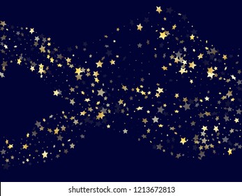Gold falling star sparkle elements of glitter gradient vector background. Cosmic confetti gold stars falling glitter gradient sparkles on dark blue. New Year tinsels scatter flying backdrop.