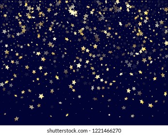 Gold falling star sparkle elements of glitter gradient vector background. Fashionable confetti gold stars falling glitter gradient sparkles on dark blue. Birthday tinsels scatter flying pattern.