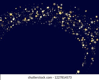 Gold falling star sparkle elements of glitter gradient vector background. Glittering confetti gold stars falling glitter gradient sparkles on dark blue. New Year starburst magical elements.