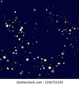 Gold falling star sparkle elements of glitter gradient vector background. Trendy confetti gold stars falling glitter gradient sparkles on dark blue. New Year starburst flying backdrop.