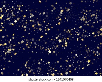 Gold falling star sparkle elements of glitter gradient vector background. Astral confetti gold stars falling glitter gradient sparkles on dark blue. Birthday starburst lights backdrop.