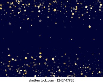 Gold falling star sparkle elements of glitter gradient vector background. Trendy confetti gold stars falling glitter gradient sparkles on dark blue. New Year starburst flying pattern.
