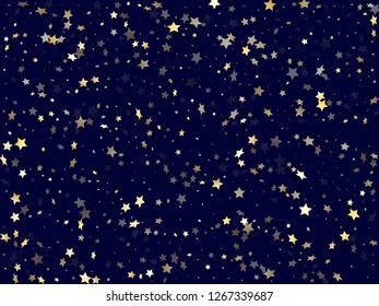 Gold falling star sparkle elements of glitter gradient vector background. Glossy confetti gold stars falling glitter gradient sparkles on dark blue. Party starburst magical pattern.