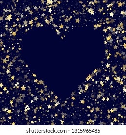 Gold falling star sparkle elements of glitter gradient vector background. Chic confetti gold stars falling glitter gradient sparkles on dark blue. Holiday starburst flying backdrop.