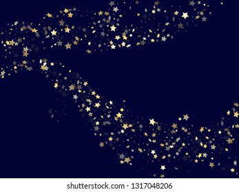 Gold falling star sparkle elements of glitter gradient vector background. Twinkle confetti gold stars falling glitter gradient sparkles on dark blue. Christmas starburst fireworks backdrop.