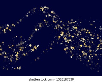 Gold falling star sparkle elements of glitter gradient vector background. Awesome confetti gold stars falling glitter gradient sparkles on dark blue. Party starburst fireworks backdrop.