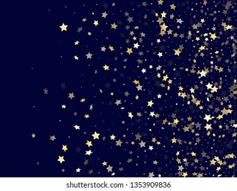 Gold falling star sparkle elements of glitter gradient vector background. Vintage confetti gold stars falling glitter gradient sparkles on dark blue. Birthday starburst flying pattern.