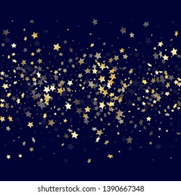 Gold falling star sparkle elements of glitter gradient vector background. Glittering confetti gold stars falling glitter gradient sparkles on dark blue. Christmas starlight poster backdrop.