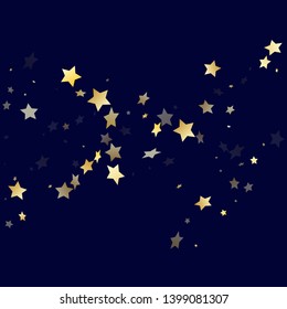 Gold falling star sparkle elements of glitter gradient vector background. Abstract confetti gold stars falling glitter gradient sparkles on dark blue. Birthday starburst magical backdrop.