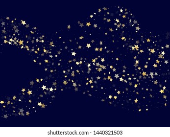 Gold falling star sparkle elements of glitter gradient vector background. Chic confetti gold stars falling glitter gradient sparkles on dark blue. Christmas starburst lights backdrop.