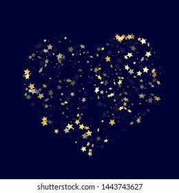 Gold falling star sparkle elements of glitter gradient vector background. Beautiful confetti gold stars falling glitter gradient sparkles on dark blue. Birthday starburst lights poster pattern.
