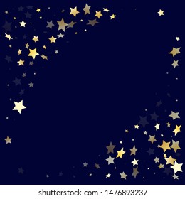 Gold falling star sparkle elements of glitter gradient vector background. Cool confetti gold stars falling glitter gradient sparkles on dark blue. New Year starburst lights poster pattern.
