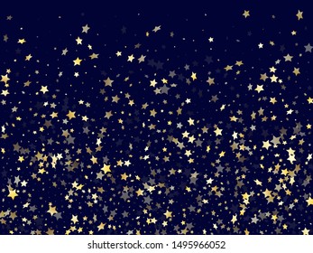 Gold falling star sparkle elements of glitter gradient vector background. Flying confetti gold stars falling glitter gradient sparkles on dark blue. New Year starlight poster backdrop.