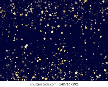 Gold falling star sparkle elements of glitter gradient vector background. Trendy confetti gold stars falling glitter gradient sparkles on dark blue. New Year tinsels scatter flying backdrop.
