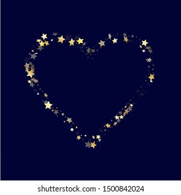 Gold falling star sparkle elements of glitter gradient vector background. Glittering confetti gold stars falling glitter gradient sparkles on dark blue. Holiday starlight banner backdrop.