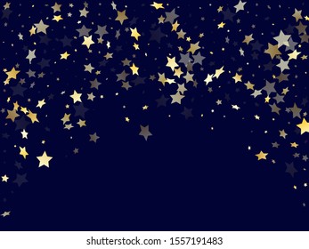 Gold falling star sparkle elements of glitter gradient vector background. Holiday confetti gold stars falling glitter gradient sparkles on dark blue. New Year confetti tinsels decoration.