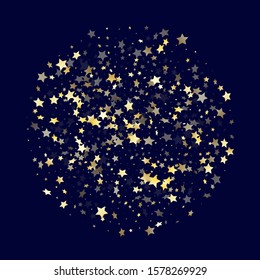 Gold falling star sparkle elements of glitter gradient vector background. Glowing confetti gold stars falling glitter gradient sparkles on dark blue. Birthday confetti tinsels decoration.