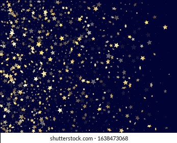 Gold falling star sparkle elements of glitter gradient vector background. Glowing confetti gold stars falling glitter gradient sparkles on dark blue. Party starburst magical pattern.