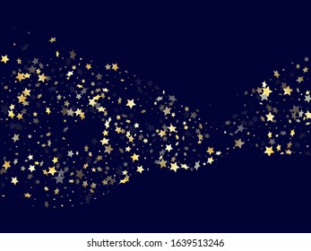 Gold falling star sparkle elements of glitter gradient vector background. Glowing confetti gold stars falling glitter gradient sparkles on dark blue. Party starlight card backdrop.