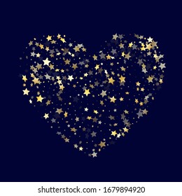 Gold falling star sparkle elements of glitter gradient vector background. Geometric confetti gold stars falling glitter gradient sparkles on dark blue. Party tinsels scatter flying backdrop.