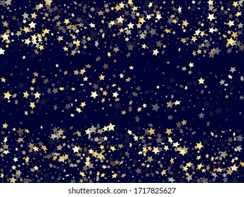 Gold falling star sparkle elements of glitter gradient vector background. Shiny confetti gold stars falling glitter gradient sparkles on dark blue. Holiday starburst lights poster pattern.