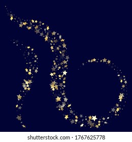 Gold falling star sparkle elements of glitter gradient vector background. Festive confetti gold stars falling glitter gradient sparkles on dark blue. Christmas starburst scatter backdrop.