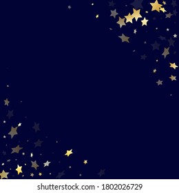 Gold falling star sparkle elements of glitter gradient vector background. Chic confetti gold stars falling glitter gradient sparkles on dark blue. Christmas starburst lights card pattern.