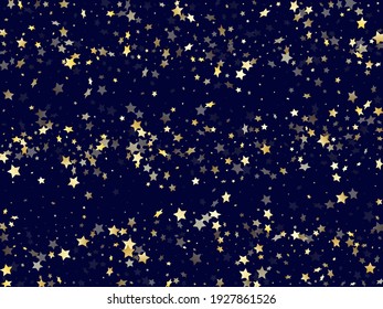 Gold falling star sparkle elements of glitter gradient vector background. Bright confetti gold stars falling glitter gradient sparkles on dark blue. Christmas starlight card backdrop.