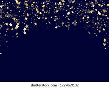 Gold falling star sparkle elements of glitter gradient vector background. Premium confetti gold stars falling glitter gradient sparkles on dark blue. Party starburst lights poster pattern.