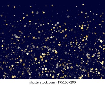 Gold falling star sparkle elements of glitter gradient vector background. Vintage confetti gold stars falling glitter gradient sparkles on dark blue. Party starburst scatter backdrop.