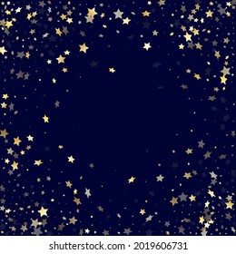 Gold falling star sparkle elements of glitter gradient vector background. Trendy confetti gold stars falling glitter gradient sparkles on dark blue. Christmas tinsels flying backdrop.