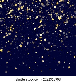 Gold falling star sparkle elements of glitter gradient vector background. Premium confetti gold stars falling glitter gradient sparkles on dark blue. Christmas starburst flying backdrop.