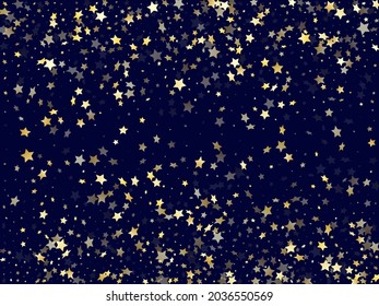 Gold falling star sparkle elements of glitter gradient vector background. Awesome confetti gold stars falling glitter gradient sparkles on dark blue. Christmas confetti glitter decoration.