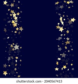 Gold falling star sparkle elements of glitter gradient vector background. Twinkle confetti gold stars falling glitter gradient sparkles on dark blue. Birthday starburst flying backdrop.