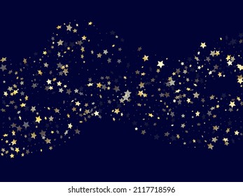 Gold falling star sparkle elements of glitter gradient vector background. Astral confetti gold stars falling glitter gradient sparkles on dark blue. New Year starburst lights backdrop.