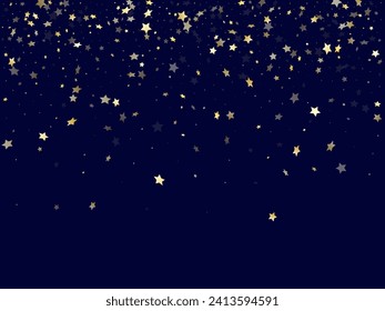 Gold falling star sparkle elements of glitter gradient vector background. Chic confetti gold stars falling glitter gradient sparkles on dark blue. Party starlight poster backdrop.