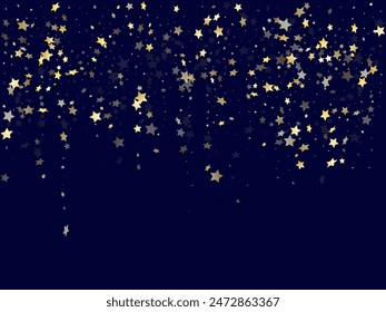 Gold falling star sparkle elements of glitter gradient vector background. Abstract confetti gold stars falling glitter gradient sparkles on dark blue. Christmas starburst lights poster pattern.