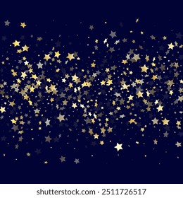 Gold falling star sparkle elements of glitter gradient vector background. Trendy confetti gold stars falling glitter gradient sparkles on dark blue. Birthday starlight banner backdrop.