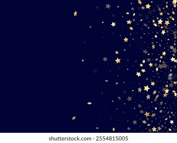 Gold falling star sparkle elements of glitter gradient vector background. Modern confetti gold stars falling glitter gradient sparkles on dark blue. Birthday starburst lights card pattern.