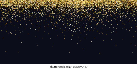 Gold falling tiny confetti pieces or twinkle stars. Celebration party for wedding, happy new year, christmas, xmas, graduation banner. Celebrate ribbons. Golden background. Vector greeting party card.