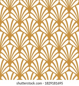 Gold fan seamless pattern. Stylish shell ornate background. Elegant golden scale ornament. Abstract floral golden motif for design textile, interior, cases, prints. Classic great style. Vector 