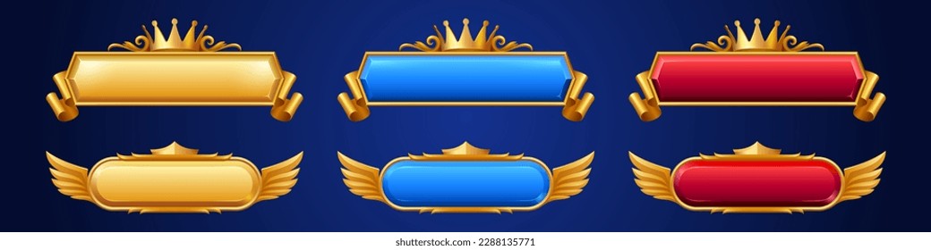 Gold fantasy game button set with crown and wings cartoon vector. Medieval golden title border in yellow, blue and red for vintage royal menu app interface. Isolated blank ornate panel illustration