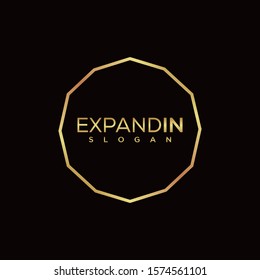 Gold fashion logo design, luxury monoline logo, Metallic gold circle shape. Label, logo design element, frame. Brush abstract wave. Vector illustration.