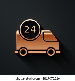 Gold Fast round the clock delivery by car icon isolated on black background. Long shadow style. Vector Illustration