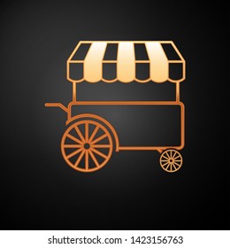 Gold Fast street food cart with awning icon isolated on black background. Urban kiosk. Vector Illustration