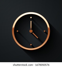 Gold Fast time delivery icon isolated on black background. Timely service, stopwatch in motion, deadline concept, clock speed. Long shadow style. Vector Illustration