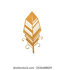 Gold feather of bird with stripes, golden gradient lines and dots on boho pattern vector illustration