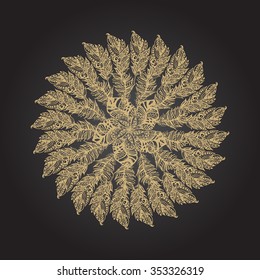 Gold feather hand drawn round rosette on black background. Ethnic ink openwork tribal feathers, stylized in vintage boho style.